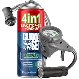 CLIMASET - Kit de Recarga de Aire Acondicionado para Coche - Kit 4 en 1 para refrigerante R134a + Manguera + Linterna - para vehículos de 1994 a 2016, Manguera Moderna y fácil de Usar, manómetro