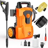 Hidrolimpiadora de Alta Presion, 1600W 140Bar Presión de Trabajo, Caudal 420L/H, con Boquilla Ajustable Pistola y Manguera de 8M Cable de 2M, con Boquilla de Espuma, para Coches, Vallas, Patios, Hogar