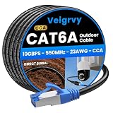 Veigrvy Cable Ethernet Cat 6A 50M Exterior, 23AWG 10Gbps LAN Red Internet | Entierro Directo Cubierta Impermeable para LLDPE, Alta Velocidad Gigabit, CCA, UTP, 550MHz con 40 Ataduras Negro