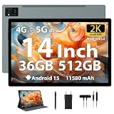 LEVIRTU Tablet 14 Pulgadas Android 15 Tableta 2K FHD 36GB+512GB/TF 2TB, Octa-Core, 11580mAh, Dual SIM 4G LTE+5GWiFi, 4 Altavoces/GPS/13MP Cámara/BT5.0 Funda/Pen, Gris