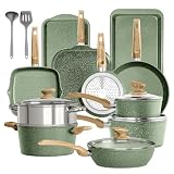 Kitchen Academy Juego de Sartenes y Ollas Antiadherentes 17 Piezas Verde | Juego de Ollas y Sartenes Revestimiento Granito de Aluminio con Tapas para Inducción, Cocinas de Gas y Microondas