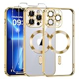 Phoona Transparent Magnética Funda Galvanizada para iPhone 13 Pro MAX 6,7 Pulgadas, con 2 x Protector Pantalla, Compatible con MagSafe Carga Inalámbrica, Suave de TPU Anti-Choques Caso, Oro