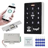FUSYTULY Kit de Sistema de Control de Acceso WiFi Tuya APP 125KHz 13,56 MHz Teclado RFID Impermeable + Cerradura de Puerta Eléctrica + Fuente de Alimentación DC12V + llavero 15pcs