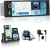 Junsun 6.36 Pulgadas 1 DIN Radio Coche Universal con Pantalla Táctil, con CarPlay/AndroidAuto/Admite Carga Type-C/USB/Micrófono/FM/EQ/GPS/Bluetooth 5.0/USB/SWC y Cámara Trasera con Cable 6M