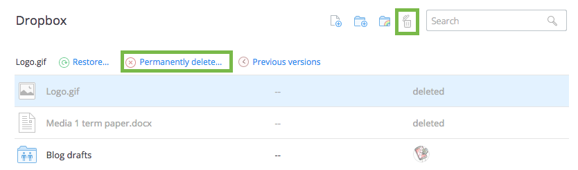 The show deleted files and permanently delete buttons